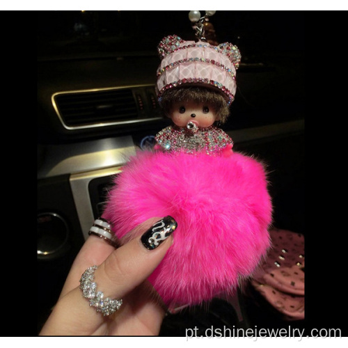 Pele do diamante Monchichi coelho Pom Pom Keychain para saco chave